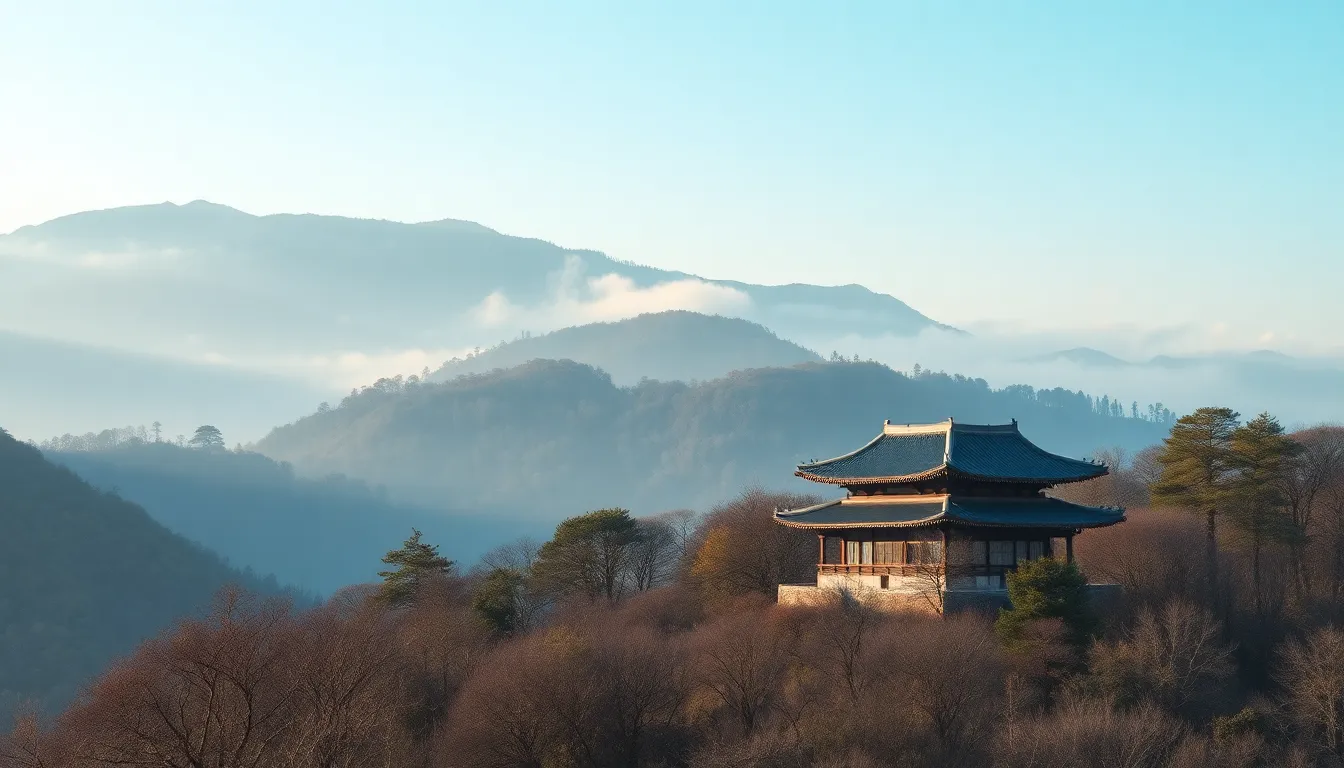 2025년 가을, 경남 하동의 푸른 녹차밭 위로 드리운 안개와 일출 풍경
