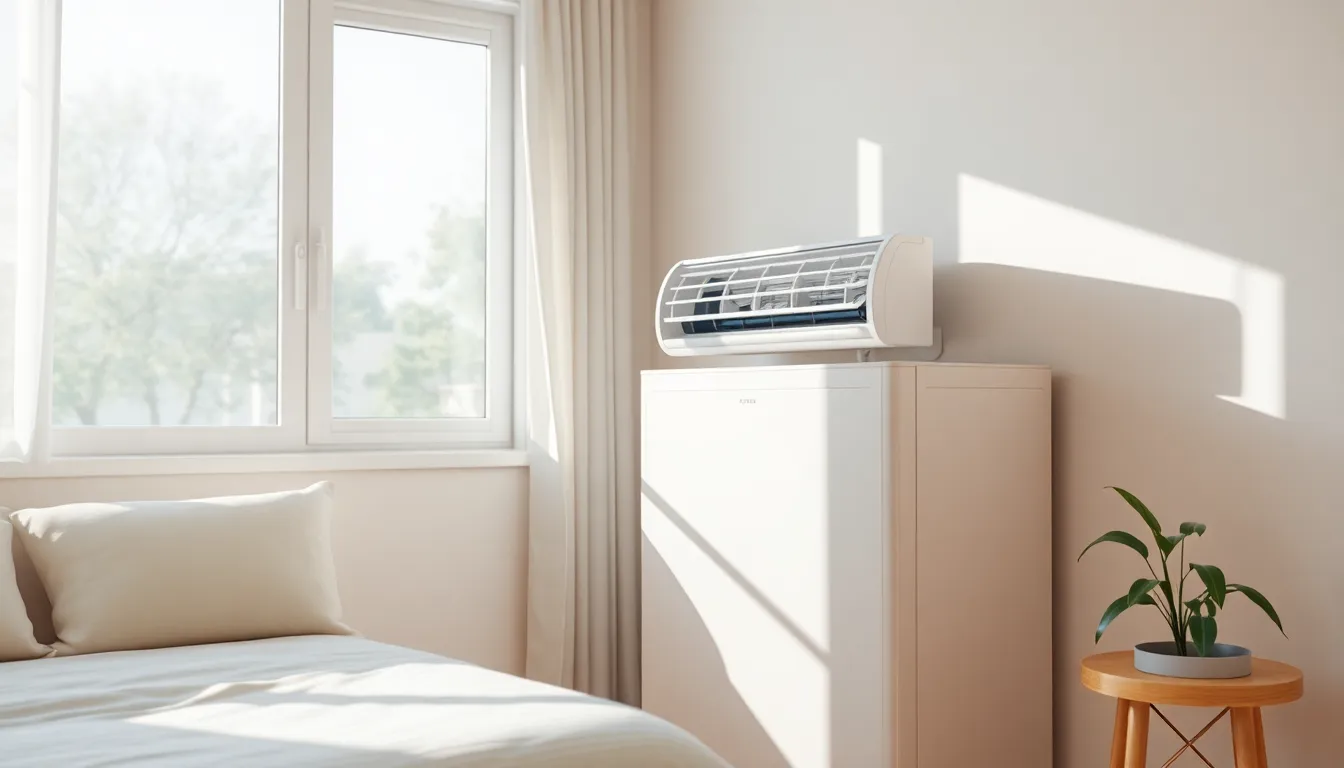 모던한 디자인의 에어컨이 설치된 깔끔한 실내 공간