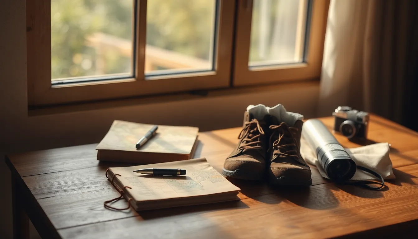 여행 가방과 다양한 여행 준비물들이 놓여 있는 모습